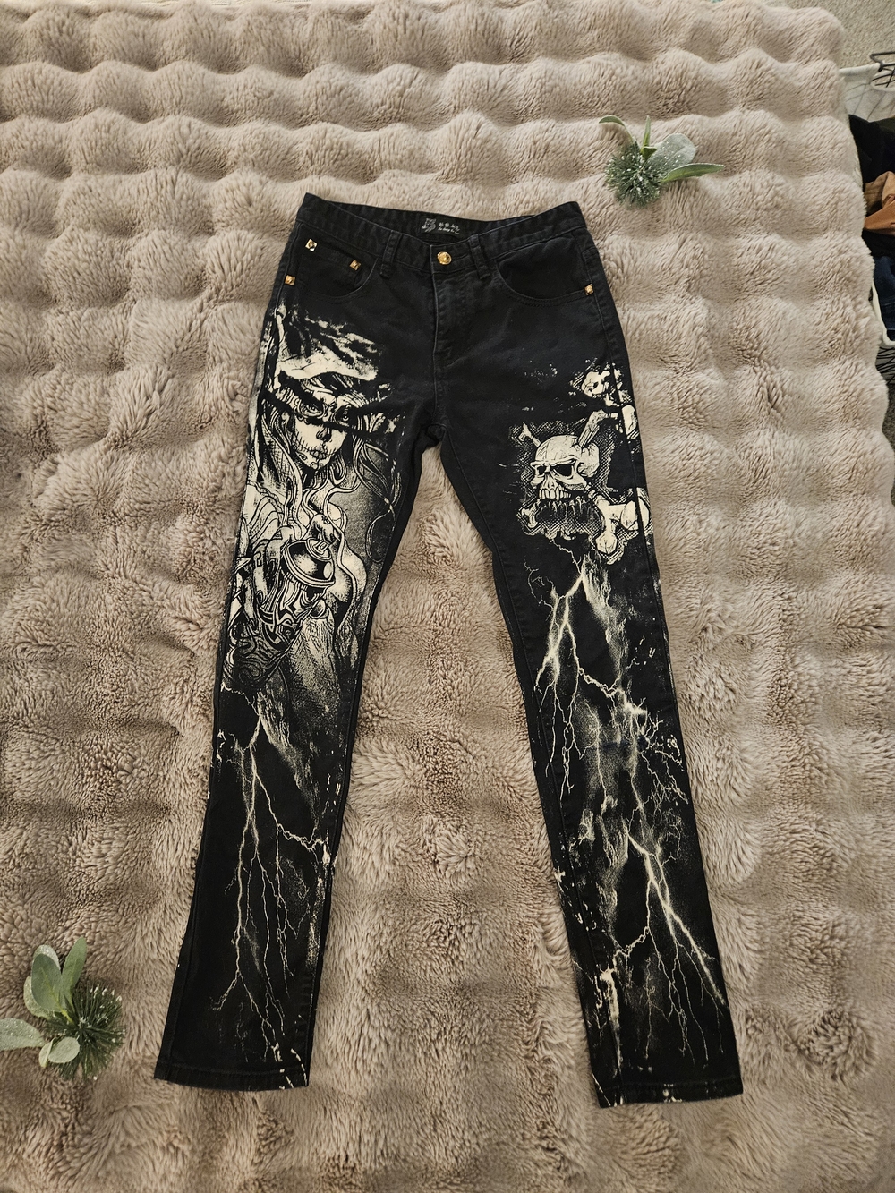 Ku Lang Bu Luo Men's Jeans 30 Black Skull Graffiti Bleach Art Y2K Goth